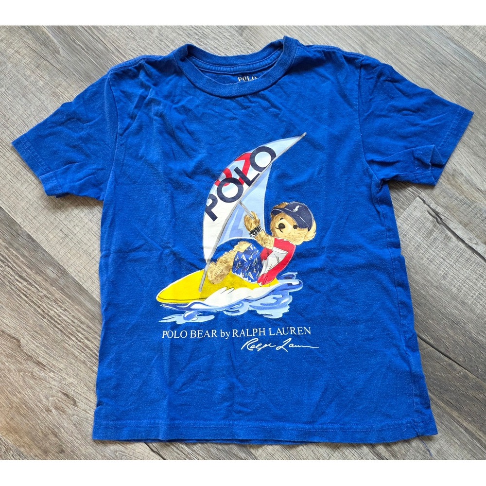 Polo Ralph Lauren Boys Blue Polo Bear Windsurfing Graphic T-Shirt Size Small 8